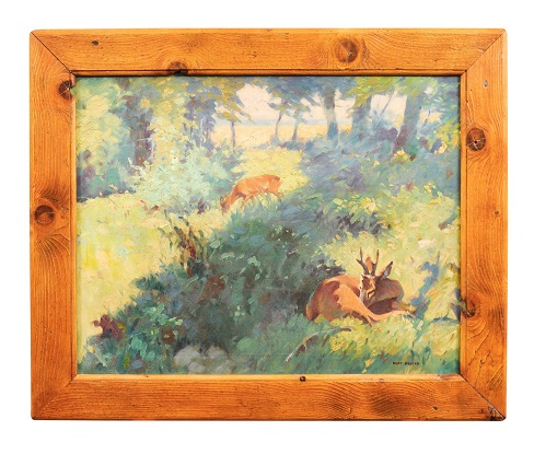 Deer in the Woods, Bert Fricke Wolfenbuttel Oil on Panel Painting circa 1920