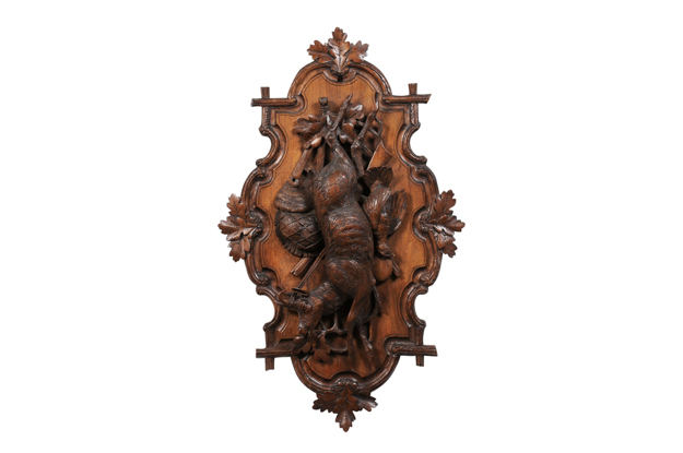 Black Forest Period 19th Century German Oak Wall Carving with Hunting Trophy