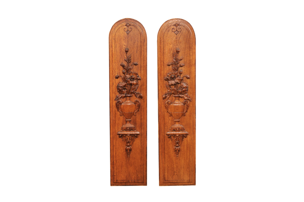 Pair of French 19th Century Carved Oak Vertical Panels with Bouquets in Vases
