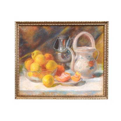 French 19th Century Pastel on Canvas Still-Life Painting with Citrus in Bowl