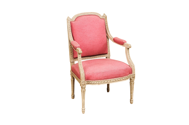 French Louis XVI Style 19th Century Painted Fauteuil with Abundant Carved Décor