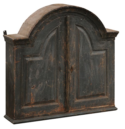 Swedish Rococo Style 19th Century Black Painted Wall Cabinet with Bonnet Top
