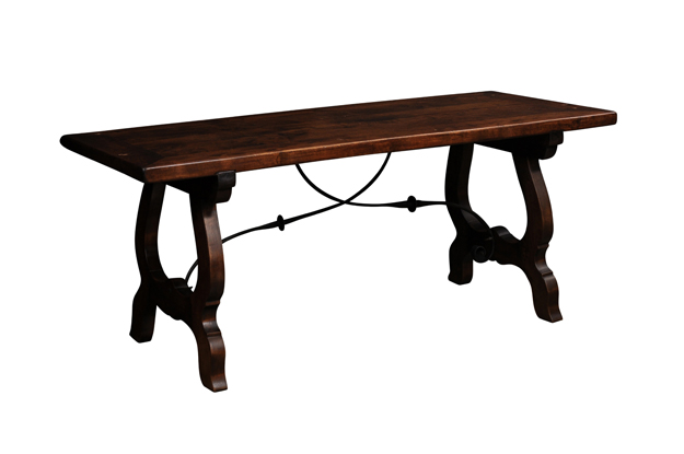 Spanish Baroque Style Fratino Table with Lyre Shaped Base and Iron Stretcher