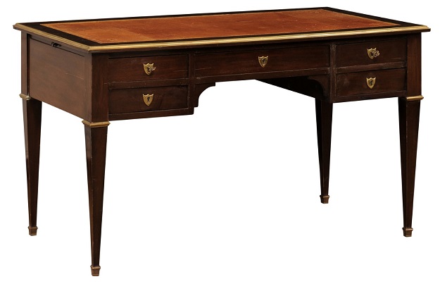 French Directoire Style 20th Century Desk with Leather Top and Five Drawers