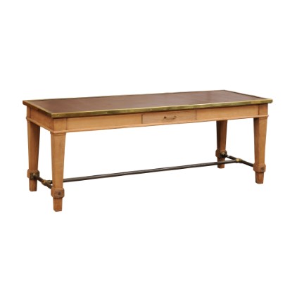 ON HOLD - French Bleached Oak Sofa Table with Leather Top, Brass Trim and Cross Stretcher