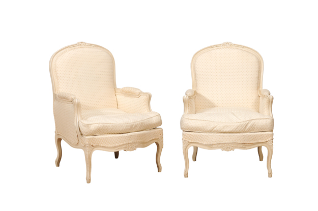 Louis XV Style French Cream Painted Wood Carved Bergères Chairs, a Pair DLW