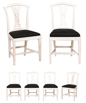 Set of Six Swedish 1890s Painted Wood Dining Room Side Chairs with Black Fabric