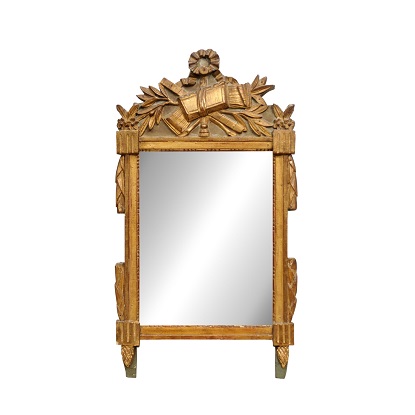 French 18th Century Louis XVI Period Giltwood Mirror with Carved Crest
