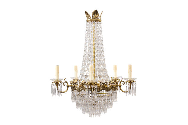 French Belle Époque 1890s Five-Light Crystal and Bronze Basket Chandelier, Wired