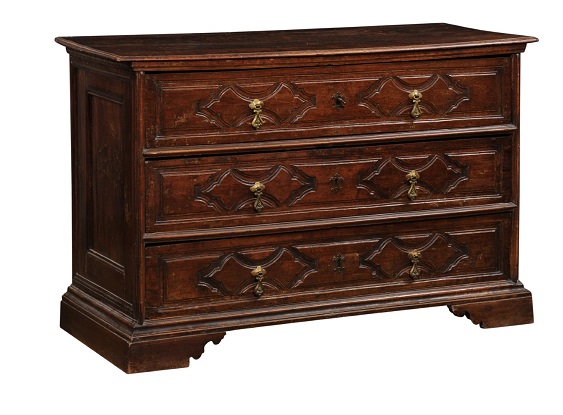 SOLD - Italian 17th Century Baroque Walnut Three Drawer Commode with Carved Panels