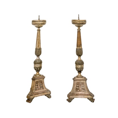 Pair of Italian 19th Century Metal Candlesticks with Silver and Gold Tones
