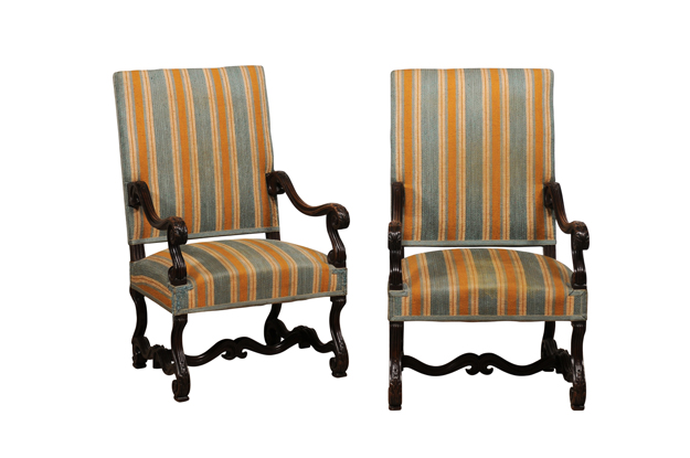 Louis XIII Style 19th Century French Os de Mouton Walnut Armchairs, a Pair