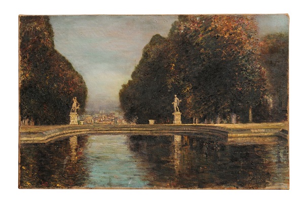 SOLD:  French Oil Painting Depicting the Park of Saint Cloud with Apollo and Diana