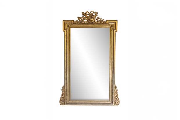 French Louis XVI Style 19th Century Giltwood Mirror with Carved Arrows and Torch