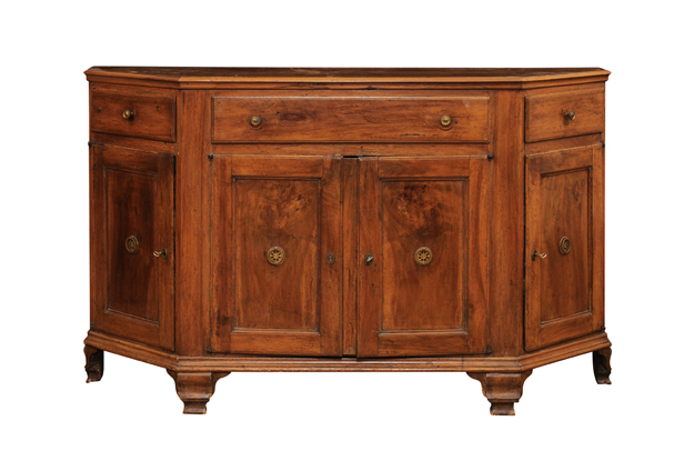 ON HOLD:  Italian 19th Century Walnut Buffet with Canted Sides, Drawers and Doors