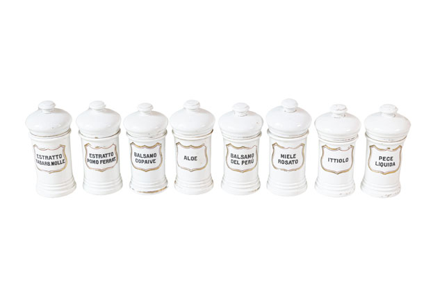 8 Vintage Italian Porcelain Pharmacy Jars with Labels, Sold Each