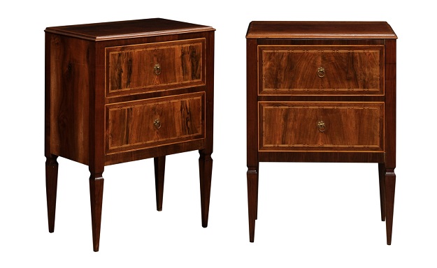 Pair of Italian Neoclassical 18th Century Walnut and Mahogany Bedside Tables