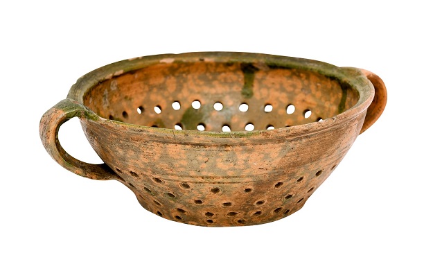 French 19th Century Rustic Pottery Colander Strainer with Green Glaze Touches