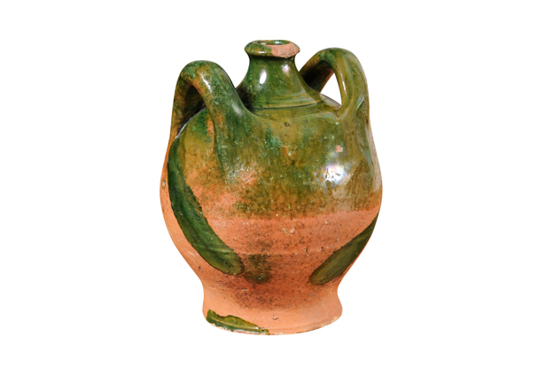 French Provincial 19th Century Green Glazed Pottery Jug with Dual Handles