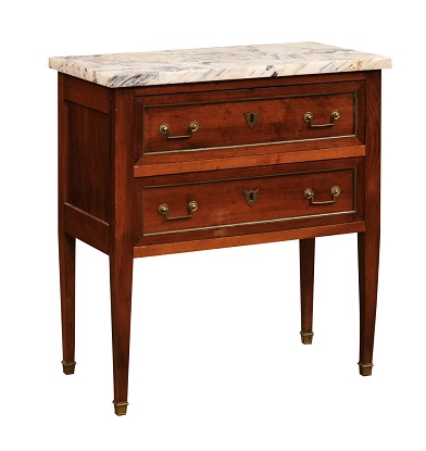SOLD - French Louis XVI Style Walnut Commode with Variegated Marble Top and Two Drawers
