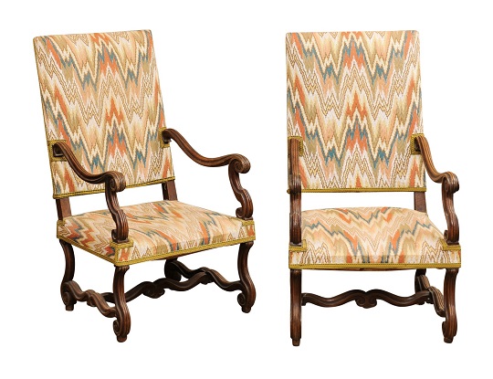 SOLD - Pair of French Louis XIV Style Walnut Armchairs with Os de Mouton Bases