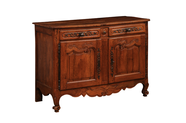 French Louis XV Period 18th Century Walnut Buffet with Hand Carved Floral Motifs