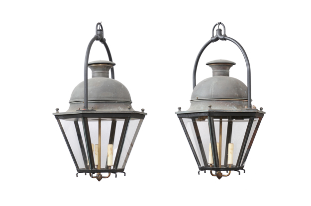 ON HOLD - French Hexagonal Three Light Copper Lanterns with Domes