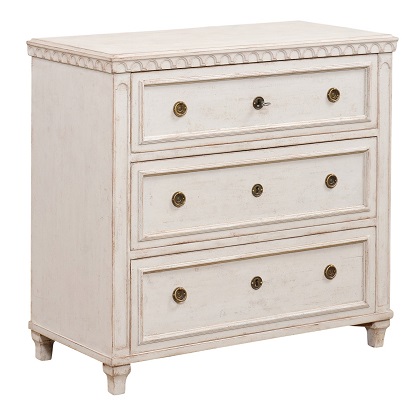 SOLD - Swedish Gustavian Style Painted Wood 1890s Three-Drawer Carved Commode