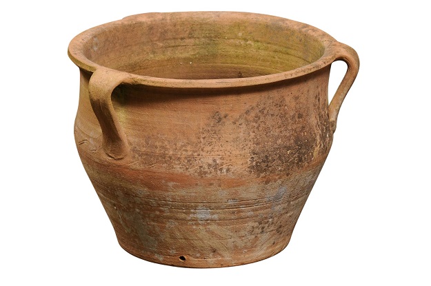 English Turn of the Century Terracotta Planter with Handles and Incised Waves