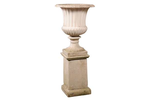 Turn of the Century Italian Campania Urn with Gadroon Motifs on Tall Pedestal