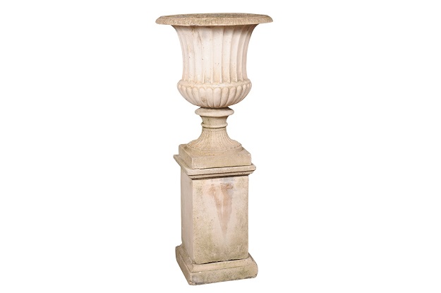 Pair of Turn of the Century Italian Campania Urn with Gadroon Motifs on Tall Pedestal