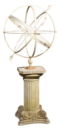 SOLD - English 1900s Metal Armillary Sphere on Ionic Style Stone Pedestal