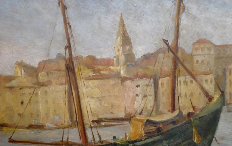 French 20th Century Oil on Panel "port De Marseille" Signee Muller