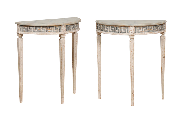 SOLD - Swedish Neoclassical Style 19th Century Demilune Consoles with Greek Key, a Pair DLW