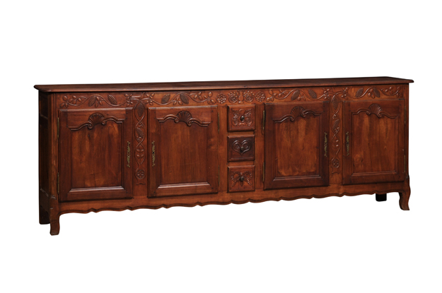 ON HOLD:  French Louis XV Style 19th Century Walnut Enfilade with Carved Scrolling Foliage