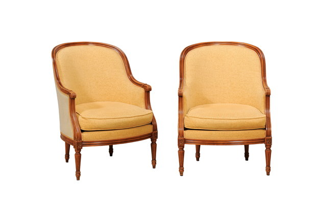 French Louis XVI Style Walnut Bergères Chairs with Wraparound Backs, Pair DLW