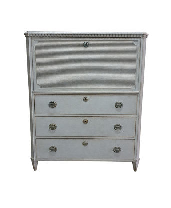 Swedish Gustavian Style Gray Painted Drop-Front Secretary with Fluted Accents DLW