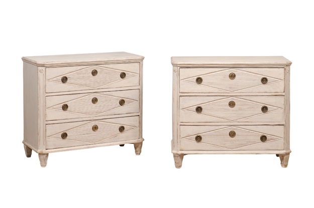 Gustavian Style 19th Century Painted Chests with Carved Diamond Motifs, a Pair DLW