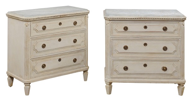 ON HOLD - Pair of Swedish Gustavian Style 1890s Painted Chests with Carved Stars