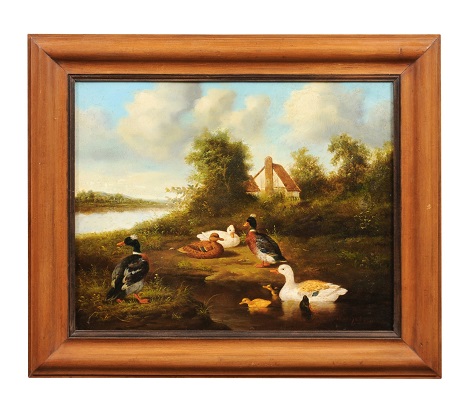 French 1850s Oil on Panel Baryard Painting with Ducks and Vibrant Colors