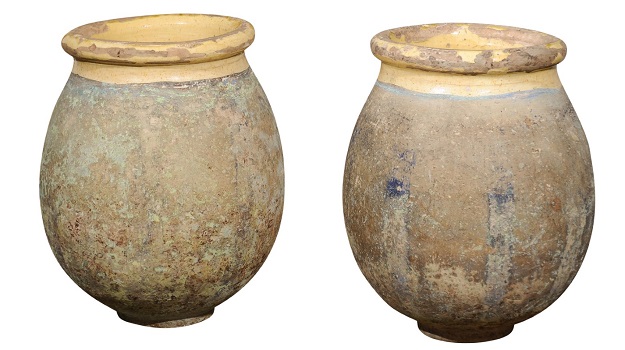 Pair of French 1800s Biot Terracotta Olive Jars with Yellow Glaze from Provence