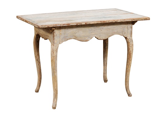 Swedish 1780s Rococo Table with Carved Apron and Distressed Painted Finish