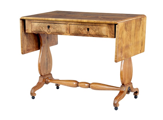 Swedish Empire Revival 1870s Birch Sofa Table with Drop Leaves and Carved Legs