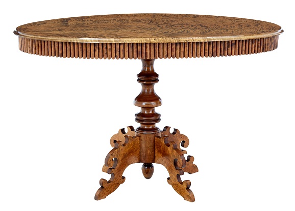 SOLD Swedish 1890s Oval Birch Table Veneered Top, Carved Apron and Tripod Base