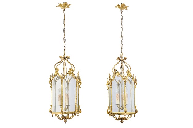 French 19th Century Brass and Glass Lanterns with Hexagonal Bodies and Volutes
