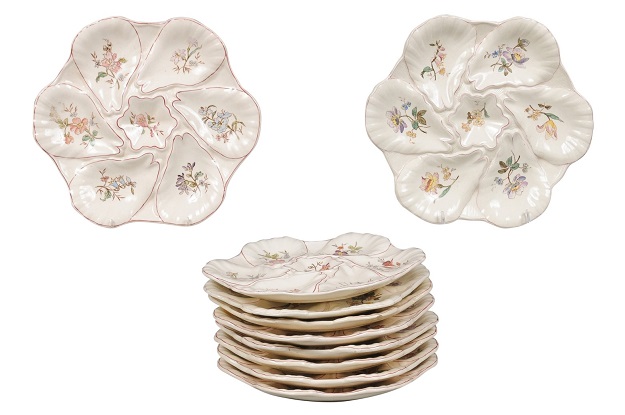 French 19th Century Longchamp Majolica Oyster Plate with Painted Floral Décor