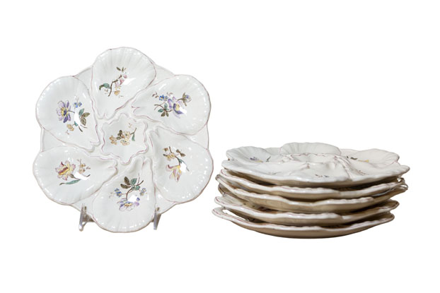 French 19th Century Longchamp Majolica Oyster Plates with Painted Floral Décor