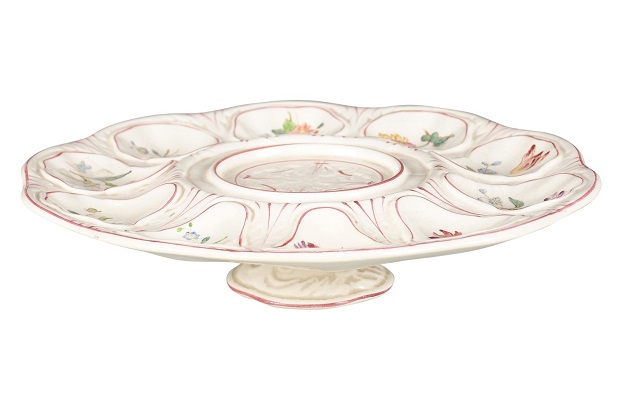 SOLD - French 1880s Longchamp Majolica Oyster Platter with Floral Décor and Petite Base