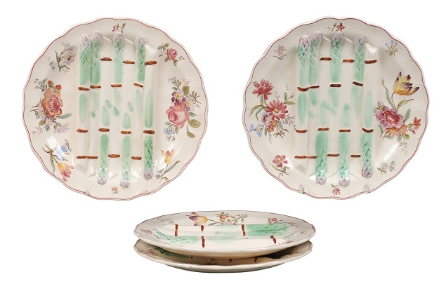 French Longchamp Pompadour Pattern Majolica Asparagus and Flower Plates 3 AVAIL.