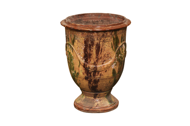 Large French 19th Century Boisset Anduze Jar with Brown, Green Glaze and Swags
